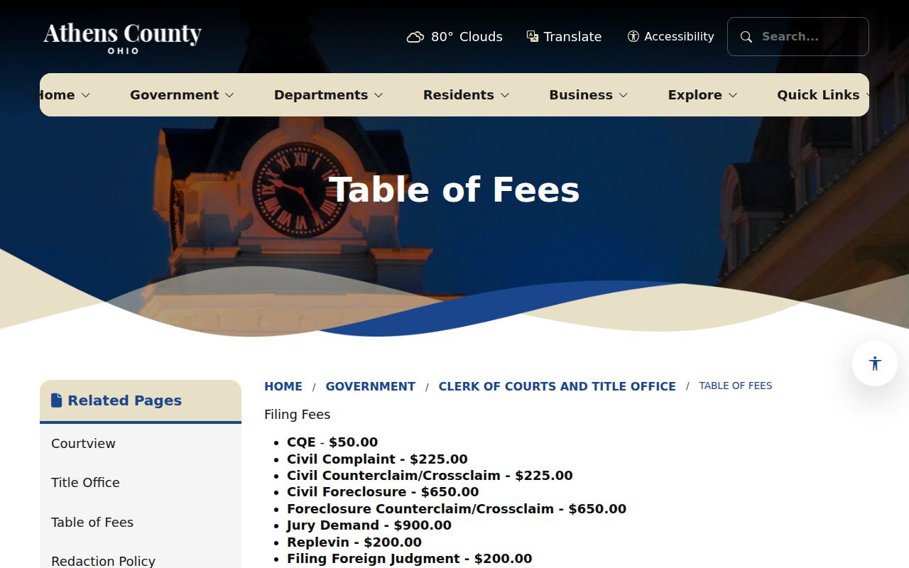 Athens County civil docket Clerk copy and certification fee source