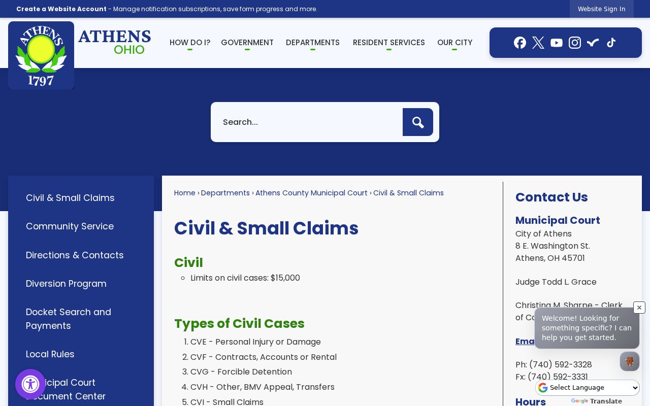 Athens County civil docket Municipal Court small claims fee source