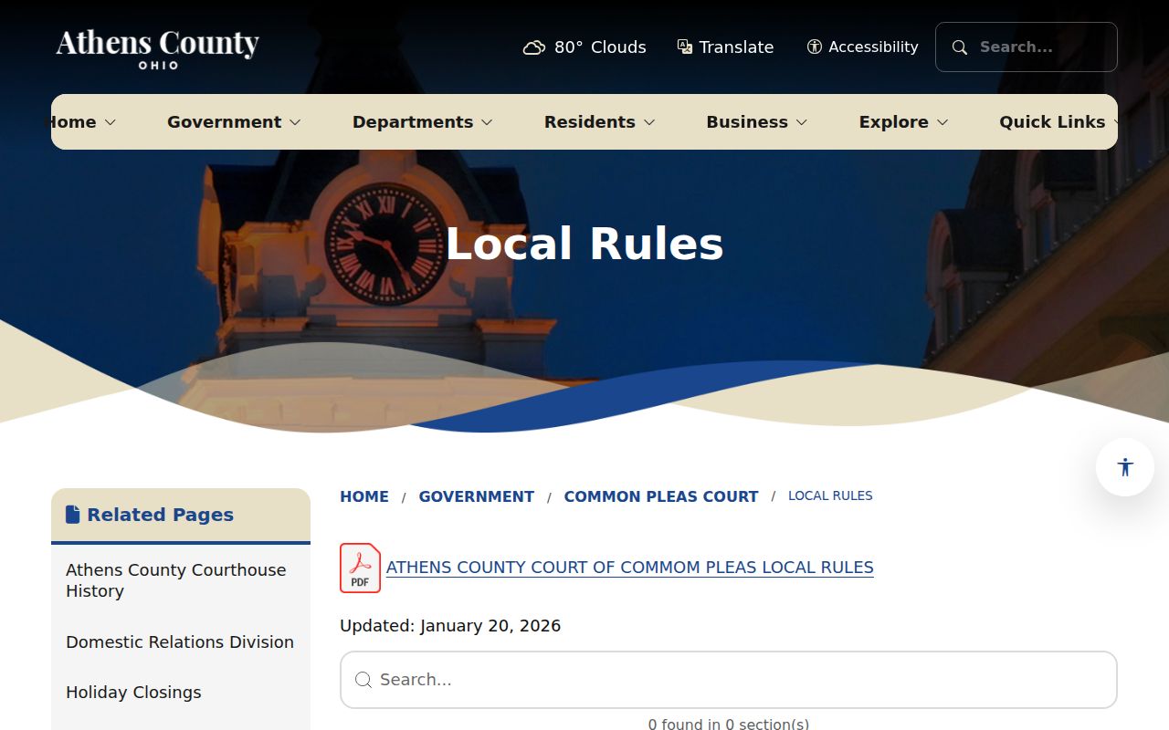 Athens County court calendar image from the Common Pleas local-rules source