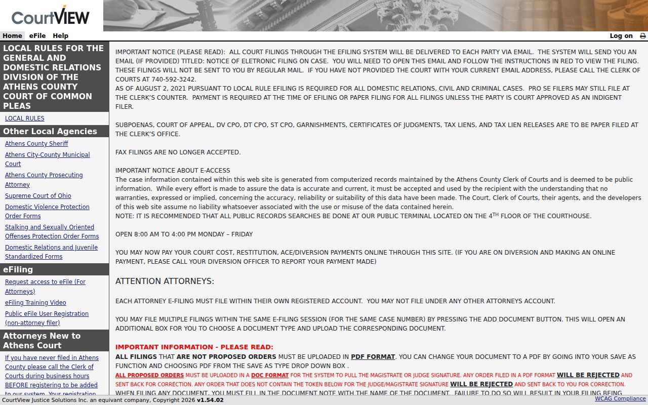 Athens County court docket Common Pleas CourtView entry page