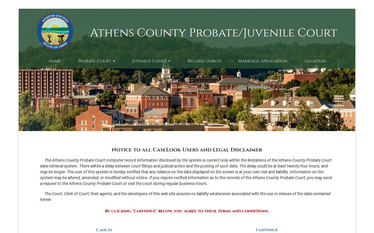 Athens County court docket Probate CaseLook agreement screen